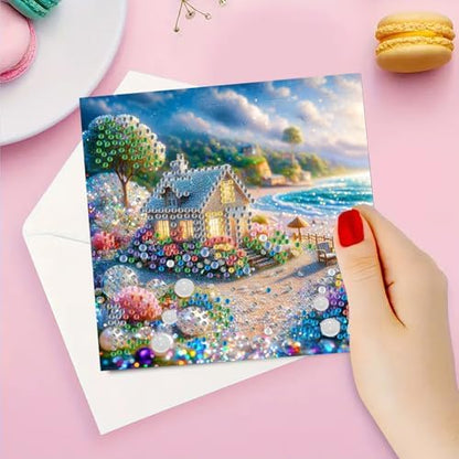 jinglinhh 6pcs Dream House Seaside Diamond Art Painting Greeting Cards with Envelopes, DIY Card Making Kits for Adults, Diamond Art Postcards Holiday Cards Craft Gifts - Image 5