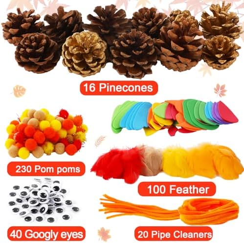Qyeahkj Thanksgiving Pinecone Trukey Craft Kit for Kids (Makes 16), Fall Crafts Ornament for Kids Teens Adults Thankful Dinner Party Activity Supplies Classroom Project Table Centerpiece Decorations - Image 2