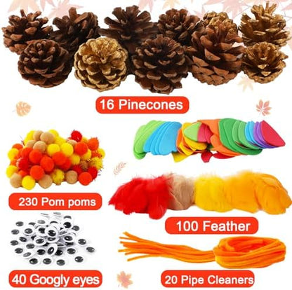 Qyeahkj Thanksgiving Pinecone Trukey Craft Kit for Kids (Makes 16), Fall Crafts Ornament for Kids Teens Adults Thankful Dinner Party Activity Supplies Classroom Project Table Centerpiece Decorations - Image 2