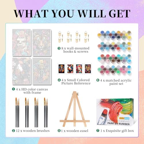 Camocin 4 Pack Framed Paint by Numbers Kit for Adults with Wooden Easel - Image 4