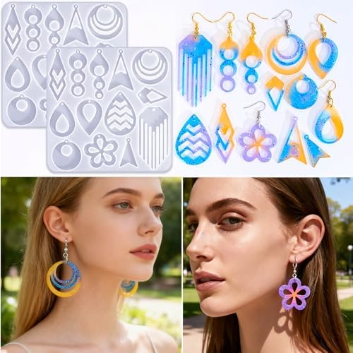 204Pcs Geometric Resin Earring Mold Kit - 4 Reusable Dual-Cavity Silicone Earring Molds for Epoxy Resin Jewelry Making with 200 Ear Hooks Jump Rings - Make Dangle Drop Charms, Keychains, Pendants - Image 4