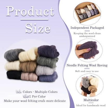 50G Needle Felting Wool Multicolor Wool Roving for Needle Felting 10 Colors Soft Spinning Wools Bulk for Felting DIY Crafts Hand Spinning Supplies - Image 6