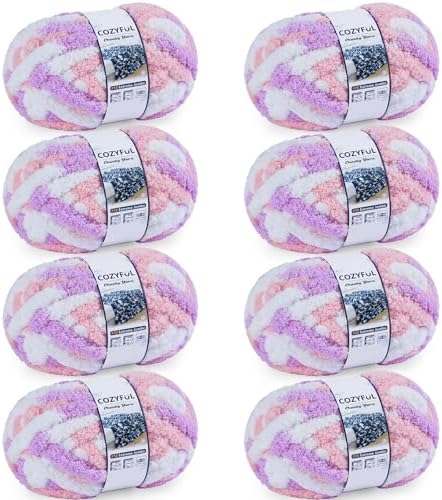 Cozyful Chunky Yarn for Hand Knitting - #10 Chunky Chenille Blanket Yarn, Jumbo Big Thick Chunky Yarns for Crocheting, Tie Dye Bulky Knit Yarns, 8 Skein (20 yds 8 oz Each Skein), Purple&Pink&White by Cozyful