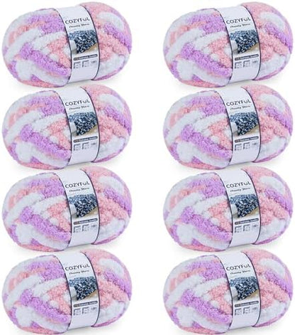 Cozyful Chunky Yarn for Hand Knitting - #10 Chunky Chenille Blanket Yarn, Jumbo Big Thick Chunky Yarns for Crocheting, Tie Dye Bulky Knit Yarns, 8 Skein (20 yds 8 oz Each Skein), Purple&Pink&White by Cozyful