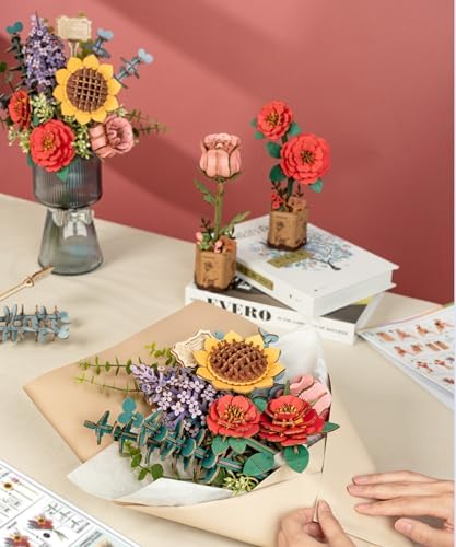 3D Wooden Puzzles Flower Bouquet Model Kit Building Set for Adults, Wooden Flower Building Toy Botanical Collection, Creative Gift Idea Home Decor(Sunflower/Red Camellia/Pink Rose/Lilac) - Image 3