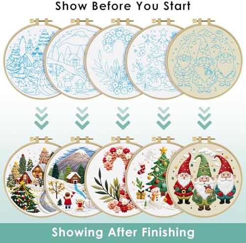 ERKOON Embroidery Kit for Beginners, 5 Sets Christmas Cross Stitch Set for Adults Include Embroidery Cloth Hoops Threads for Craft Lover Hand Stitch with Skill Techniques (Christmas#2) - Image 4