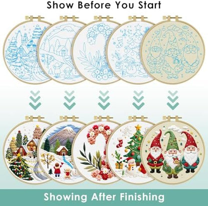 ERKOON Embroidery Kit for Beginners, 5 Sets Christmas Cross Stitch Set for Adults Include Embroidery Cloth Hoops Threads for Craft Lover Hand Stitch with Skill Techniques (Christmas#2) - Image 4