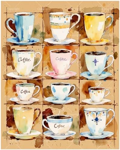 TAOPAOLAB Kitchen Paint by Numbers Kit for Adults - DIY Watercolor Coffee Cups Grid Painting on Canvas 16x20In, Framed Acrylic Paint Set, Suitable for Beginners, Art for Corner/Gifts by Unknown
