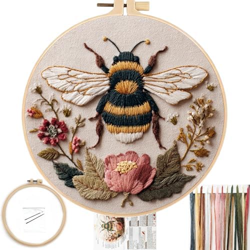 FONNUY Embroidery Kit for Beginners, Boho Floral Bee Pre-Stamped Pattern Kits for Adults with Hoop, Easy to Follow Color Thread Needlework, 8'' Hoop (Honeybee A004) by FONNUY