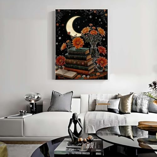 Lzyueyuan Book Flower Stamped Cross Stitch Kits for Adults Beginner, Moon Cross Stitch Ornament Kits Counted Embroidery Needlepoint Kits Home Decor 11.8X15.7inch - Image 3