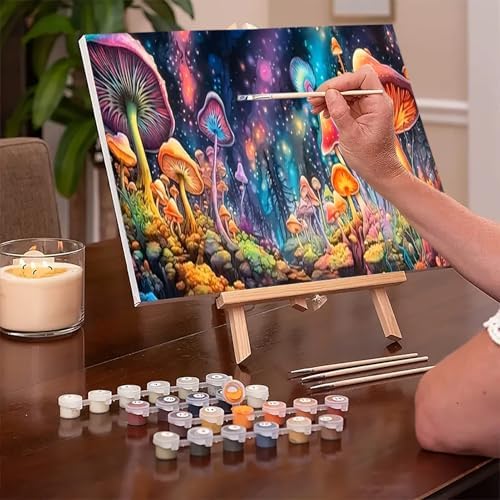 MaiMMaledy Paint by Numbers Kit for Adults Beginners 8Wx12L inch Canvas Pictures with Framed Drawing Painting Acrylic Pigment with Wooden Triangle Easel Colorful Magic Mushroom - Image 2