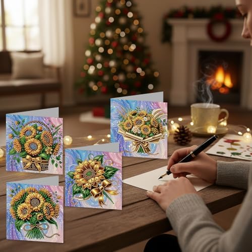 12 Packs Diamond Painting Greeting Card Kit Diamond Art Greeting Cards Special Shaped Diamond Painting Greeting Card Arts Crafts for Christmas Birthday Thanksgiving Day Holiday (Sunflower) - Image 4