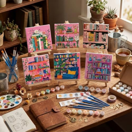 YooNotee 6 Pack Paint by Numbers Kit for Adults Pink Bookshelf Adult Paint by Number Kits for Women on Canvas Book DIY Acrylic Painting on 8x8 Inch Canvas with Wooden Easels & Brushes, Home Wall Decor - Image 6