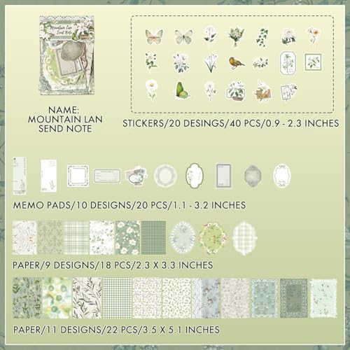 OKUPAN Scrapbook Supplies Kit – 100Pcs Vintage Floral Scrapbook Paper & Junk Journal Stickers, Journaling Supplies for Bullet Journaling, Retro Crafts, Mixed Media, Planner, Collage Card Album (Green) - Image 6