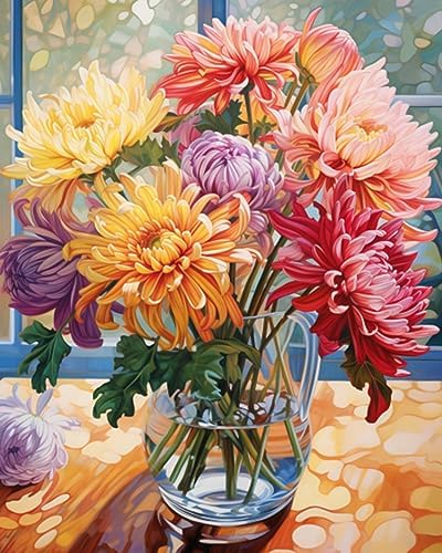 Tucocoo Persian Chrysanthemum in Vase DIY Paint by Numbers for Adults Flowers in Vase DIY Oil Painting Painting Kits Canvas with Acrylic Paints Flowers Floral Art 16x20 Inch （DIY Frame ） - Image 2
