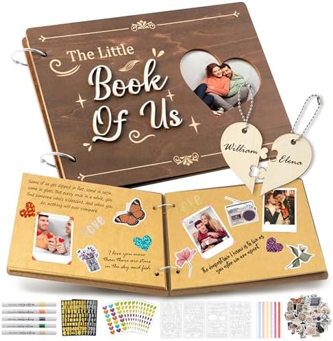 CY2SIDE Valentine's Day Couple Photo Album Scrapbook - 111PCS The Little Book of Us Wooden Album Scrapbook Kit for Lovers with Heart Puzzle Brown Paper Sticker and Template for DIY Dating Anniversary by CY2SIDE