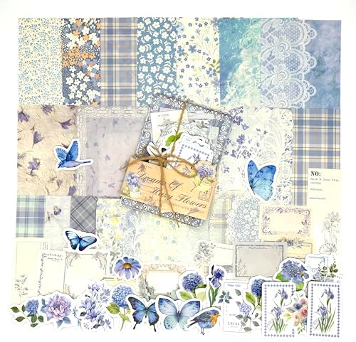 OKUPAN Vintage Floral Scrapbook Paper & Journaling Stickers (100pcs) Assorted Set (Blue) - Junk Journal Supplies for Bullet Journaling, Retro Crafts, Planner, Mixed Media, Collage Card Album by DecorateYourWorld