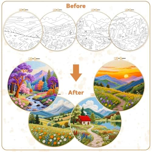 BEUNITONE 4 Set Fairy Tale Landscape Embroidery Kit for Beginners 7.9"x7.9" Pre-Stamped Pattern Needlepoint Kits with Hoop, Tools & Instruction, Handamde Embroidery Kits for Fabric and Home Decor - Image 4