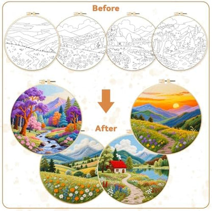 BEUNITONE 4 Set Fairy Tale Landscape Embroidery Kit for Beginners 7.9"x7.9" Pre-Stamped Pattern Needlepoint Kits with Hoop, Tools & Instruction, Handamde Embroidery Kits for Fabric and Home Decor - Image 4