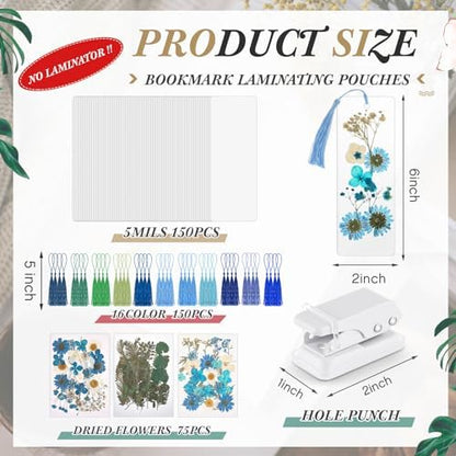 Fuyoooo 376 Pcs Pressed Flower Bookmark Kit,Blue,2 x 6 Inch - Image 2