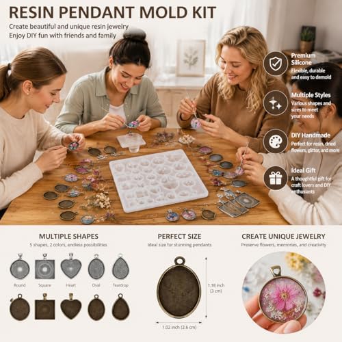 Resin Casting Mold Jewelry Making Kit with 30 Metal Pendant Trays and Silicone Mold, Heart Teardrop Round Oval Square Shapes for DIY Earrings Necklaces Bracelets Crafts Gifts - Image 7