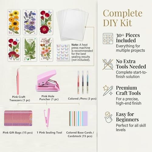 Pressed Flower Bookmark Kit, Make Your Own Clear Dried Flower Bookmarks DIY with 30 PET Sleeves, Tassels, Gift Bags and Sealing Tool. Craft Party Kit for Adults & Gifts for Book Lovers - Image 2
