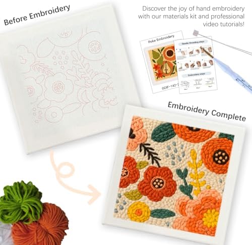 SDOYUNO Punch Needle Kit with Frame for Adults Beginners Kits 9.84 x 9.84 Inch Embroidery Starter Kits Punch Needle Kit with Flowers Pattern, Threader, Yarns, Rug Punch, DIY Craft Kits (Orange) - Image 3