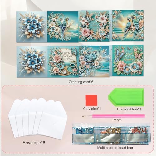 JISHSHAY 6 PCS Bird Butterfly Diamond Painting Greeting Cards Good Morning Diamond Art Birthday Cards with Envelopes Gem Art Gem Painting Mosaic Kits for Adults for Thanksgiving Anniversary Valentine - Image 3