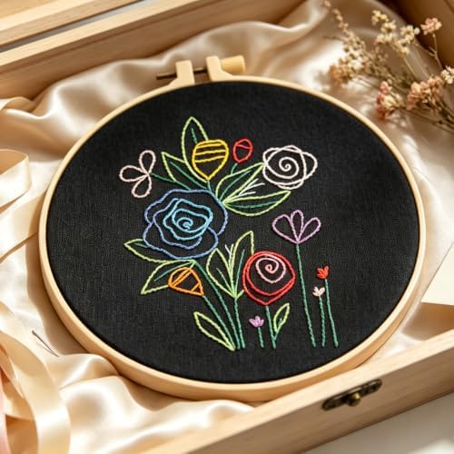 Flowers Embroidery Kits for Adults Beginners, Embroidery Starters Kit, Floral Stamped Cross Stitch Kits Needlepoint Kits for for Beginners Adults Valentine's Day Gifts, Embroidery Hoop, Video Tutorial - Image 2