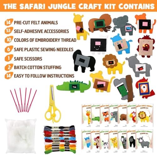 CiyvoLyeen Kids Sewing Kit Crafts – DIY Safari Jungle Animals Felt Plush Ornaments Sewing Set for Girls & Boys Ages 7–12, Beginner Craft Kit Set of 14 - Image 6