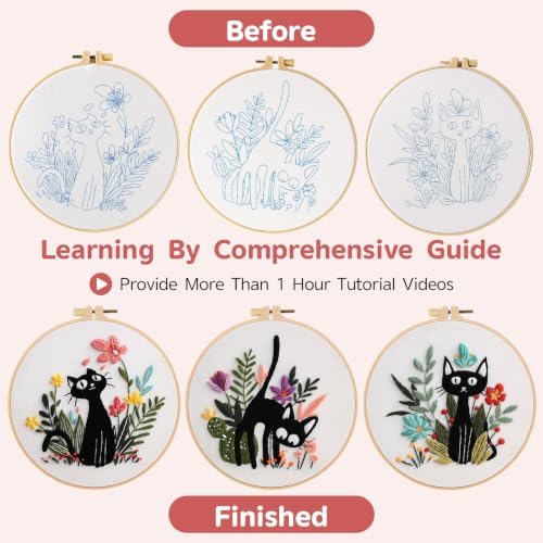Meyocky Embroidery Kit for Beginners with Cat Flower Patterns& Stitch Video - Image 4