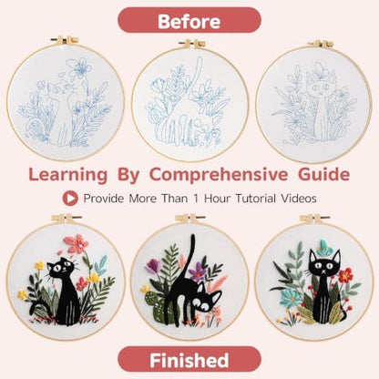 Meyocky Embroidery Kit for Beginners with Cat Flower Patterns& Stitch Video - Image 4