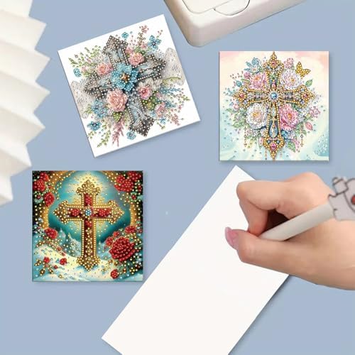 Diamond Art Cards with Envelopes–6PCS DIY Diamond Painting Greeting Cards Kit | Card Making Kit with Bling for Adults & Beginners | Birthday,Holiday & Thank You Cards (Flower and Cross) - Image 3