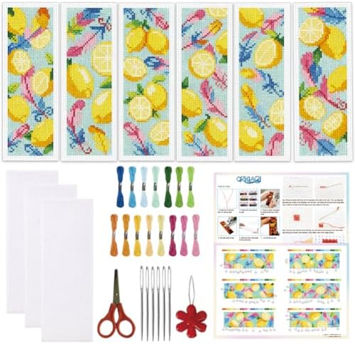 ORIGACH 6 Set Fresh Lemon & Feather Cross Stitch Bookmark Kit for Beginner by ORIGACH