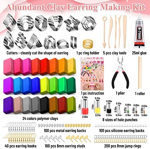 Polymer Clay Earring Making Kit- 30 Clay Earring Cutters, 24 Color Polymer Clay, 8 Circle Cutters, Rollers, B7000 Glue, 640 PCS Earrings Making Tools Accessories for Jewelry DIY (Instructions Include) - Image 3