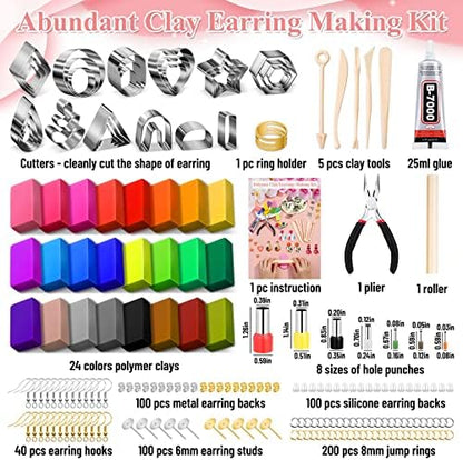 Polymer Clay Earring Making Kit- 30 Clay Earring Cutters, 24 Color Polymer Clay, 8 Circle Cutters, Rollers, B7000 Glue, 640 PCS Earrings Making Tools Accessories for Jewelry DIY (Instructions Include) - Image 3