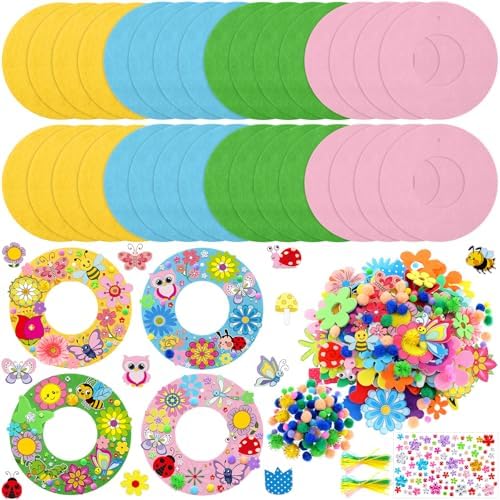 Wavwavw 472 Pcs Spring DIY Craft Kits Spring Wreath Summer Craft Kit Wreath Arts Decorations with Tulips Butterflies Bees Felt Stickers for Party Indoor Outdoor Home Decor by Wavwavw