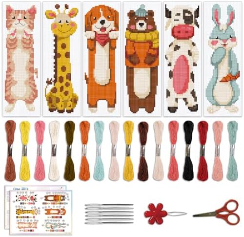 ACRNIGHEET 6PCS Cross Stitch Bookmark Kits for Beginners Cartoon Animals by ACRNIGHEET
