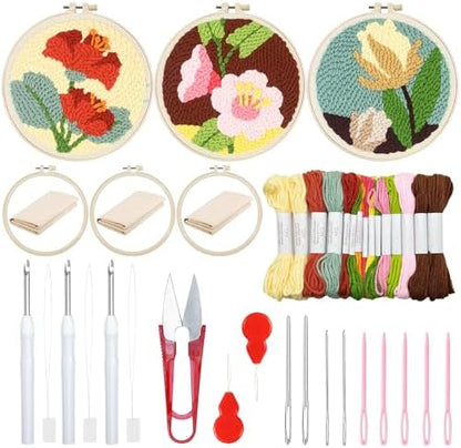 Woohome Punch Needle Kit Included Plastic Hoops, Punch Needle Cloth, Color Yarn and Punch Needle Tools for Adults, Beginners (Red, Pink and Yellow Flowers) by Woohome