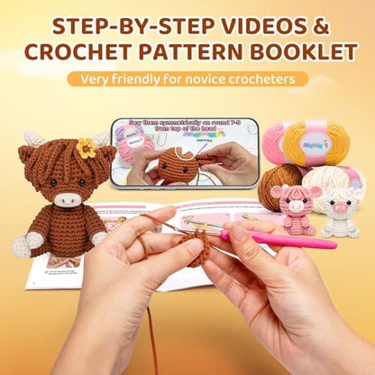 Mewaii Crochet Kit for Beginners, 3 Pack Highland Cows Craft Set - Image 4