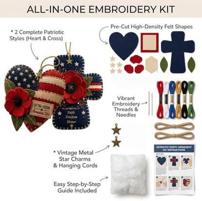 DIY Patriotic Poppy Cross Ornament Kit - 1776-2026 America 250th Anniversary Felt Craft Set - Faith Freedom Honor Embroidery Decor for Memorial Day, Independence Day,Veterans Day-Handmade Gift (Cross) - Image 2