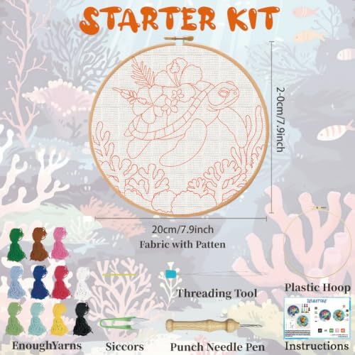 BEUNITONE 2PCS Punch Needle Kits with Sea Turtle Pre-Print Pattern Easy for Beginners, DIY Craft Embroidery Needlepoint Kits for Adults with Hoop Punch Needle Set for Craft Lovers Home Decor 7.9x7.9 - Image 2