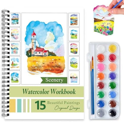 Watercolor Workbooks for Adults Beginners & Teens, 16 Colors 15 Beautiful Paintings, Pre-Outlined Designs, Easy Watercolor Art Book（Scenery） by Terself