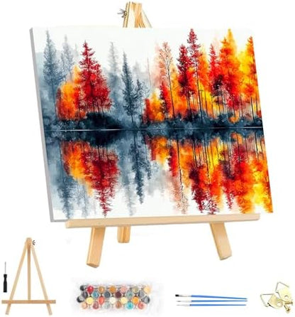 EOBROMD Framed Paint by Numbers Kits for Adults with Wooden Easel, Landscape Tree DIY Paint by Numbers Kits for Beginner, Painting on Stretched Canvas, Oil Crafts Home Decor Gift 14x10 Inch by EOBROMD