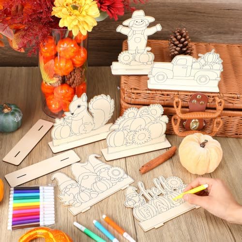 Yuntau 24 Pcs Wooden Fall Crafts Kits, Color Your Own Sign Table Decor - Image 4