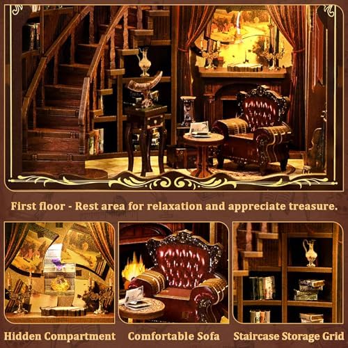 Book Nook Kit, DIY Miniature House Kit for Adults, Mini Ancient Rhyme Library Building Set, Tiny Dollhouse Book Nook Insert with Touch LED Lights, 3D Wooden Puzzle Bookshelf Decor, Craft Gift - Image 4