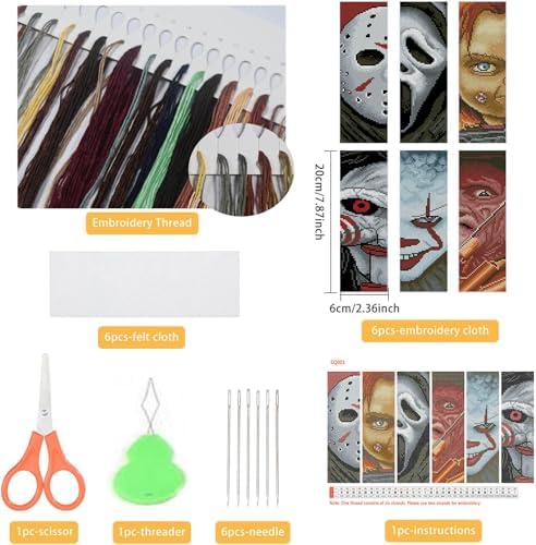 NEGEKFKX 6 Pcs Horror Cross Stitch Bookmark Kit for Adult Beginners - Image 2