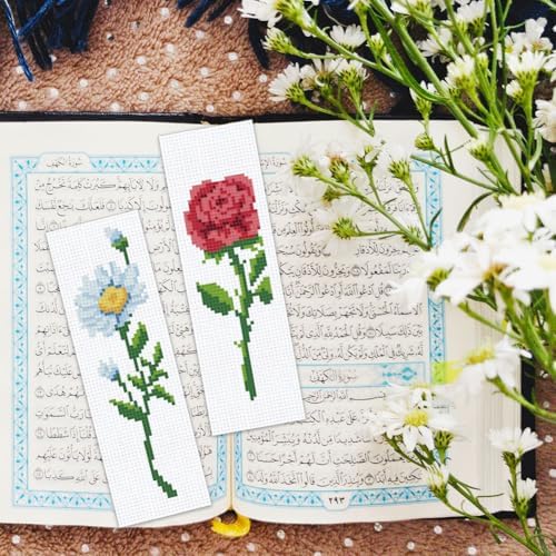BEUNITONE 6 Pcs Flower Bookmark Cross Stitch Kits DIY Stamped Embroidery Bookmark Kit for Adults Beginner with Instructions Vivid Floral Cross Stitch Kits for DIY Crafts Book Lovers Gifts 2.4x8 in - Image 6