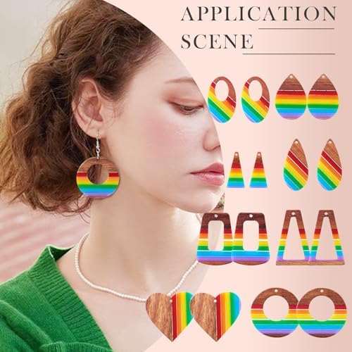 Elecrelive 8 Pairs Wood Earring Kit Rainbow Resin Wood Charms Stripe Wood Earring Pendants Heart Teardrop Triangle Vintage Dangle Earring Charms with Earring Hooks for Jewelry Craft Making - Image 4