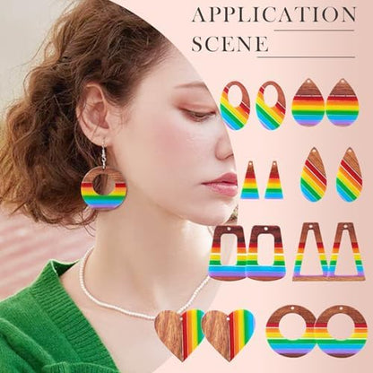 Elecrelive 8 Pairs Wood Earring Kit Rainbow Resin Wood Charms Stripe Wood Earring Pendants Heart Teardrop Triangle Vintage Dangle Earring Charms with Earring Hooks for Jewelry Craft Making - Image 4